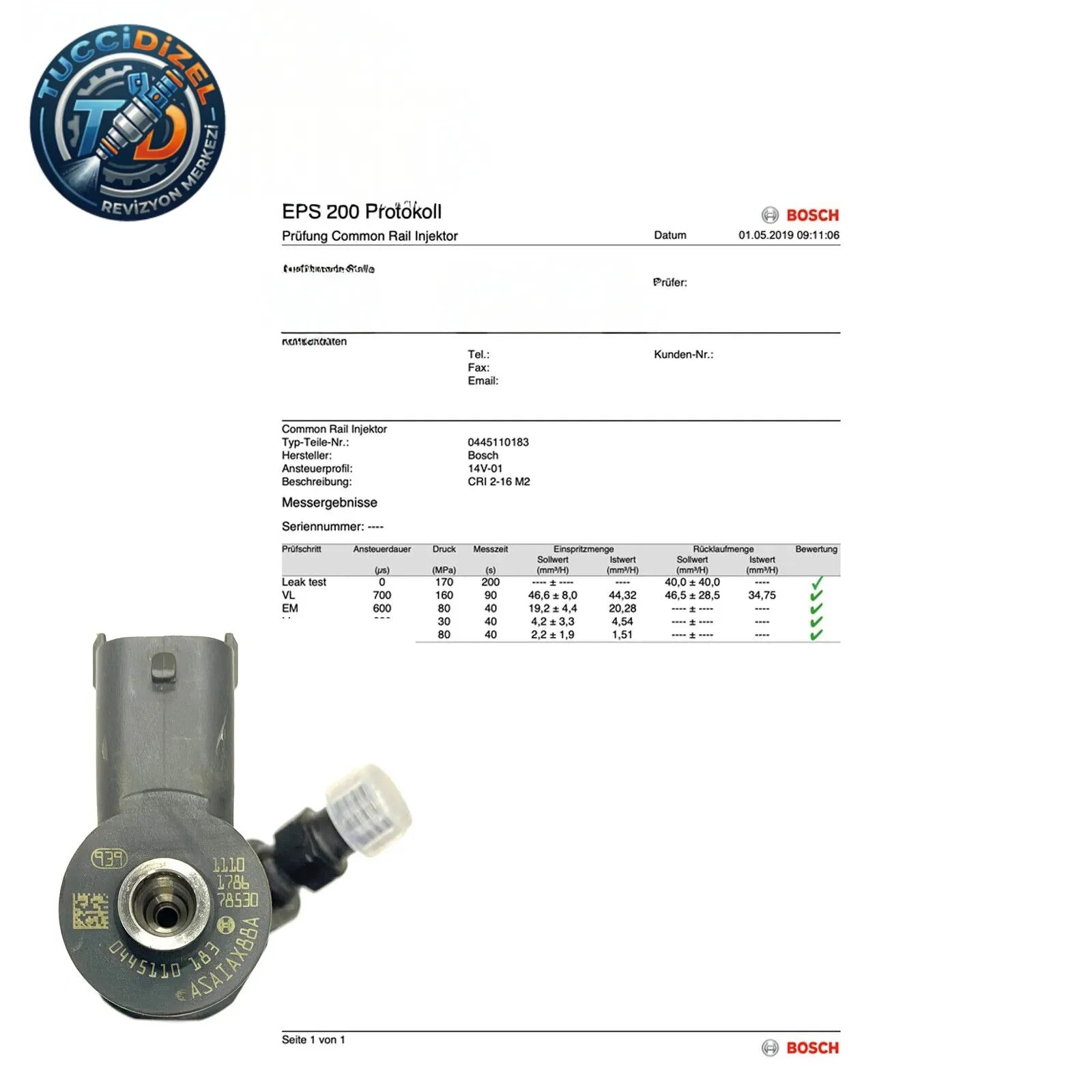 0445110183 Enjektör Bosch Lancia Opel Astra H Fiat Doblo 1.3 0986435102